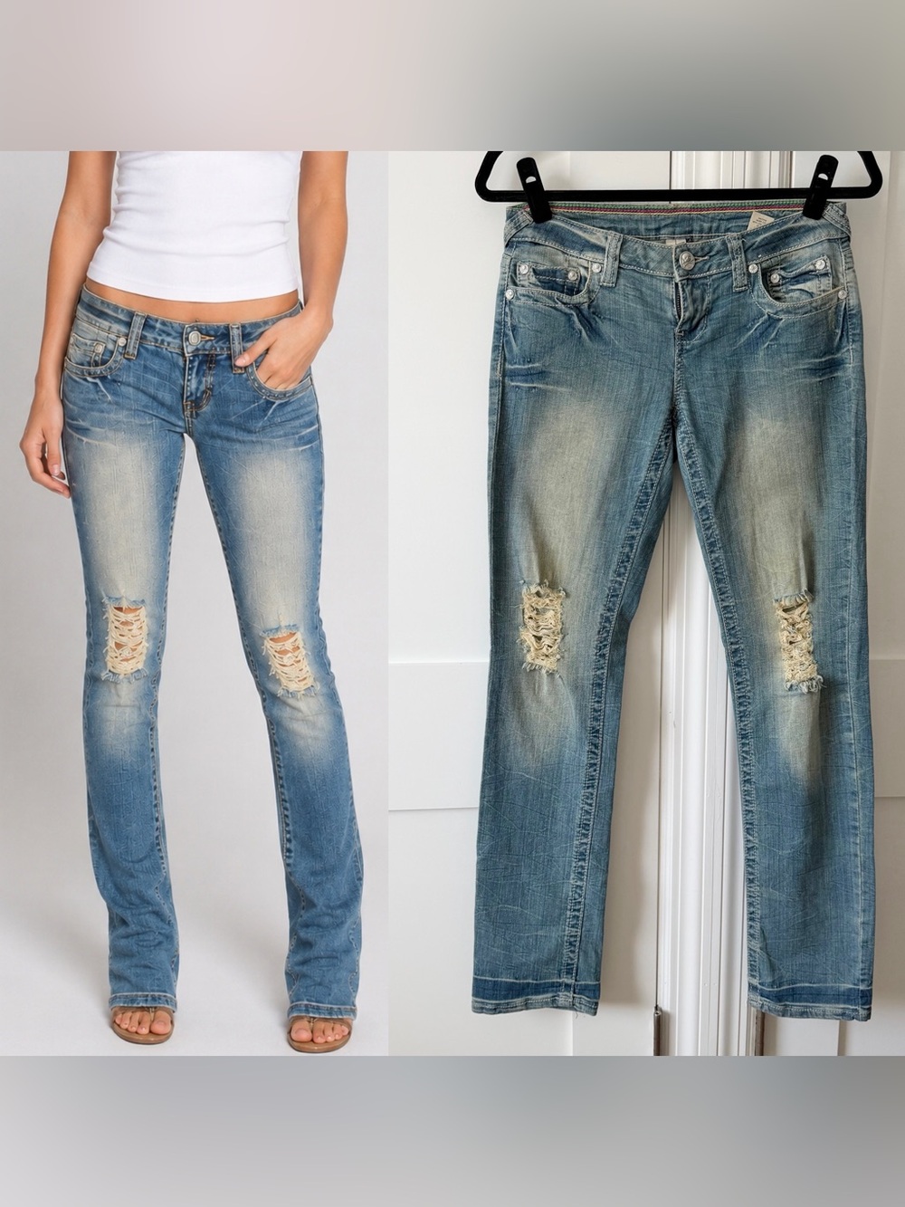 YNQ Y2K Vintage Distressed Low Rise Skinny Jeans Light Wash Sz 5